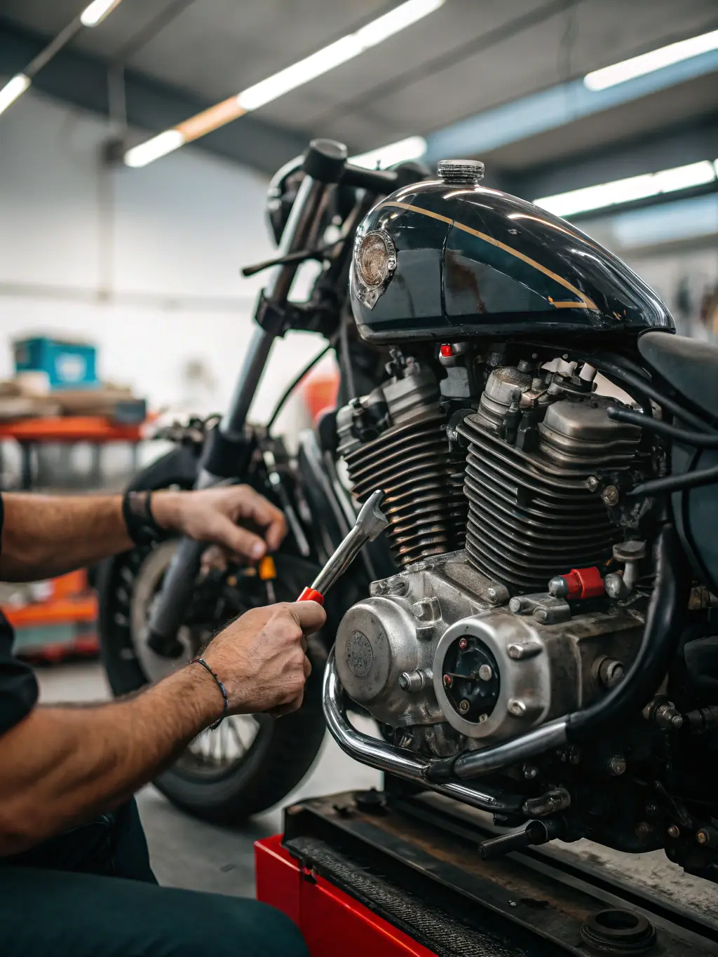 A motorcycle undergoing a routine oil change in a clean, well-lit service bay at Stuart Cycles, emphasizing the shop's commitment to regular maintenance.