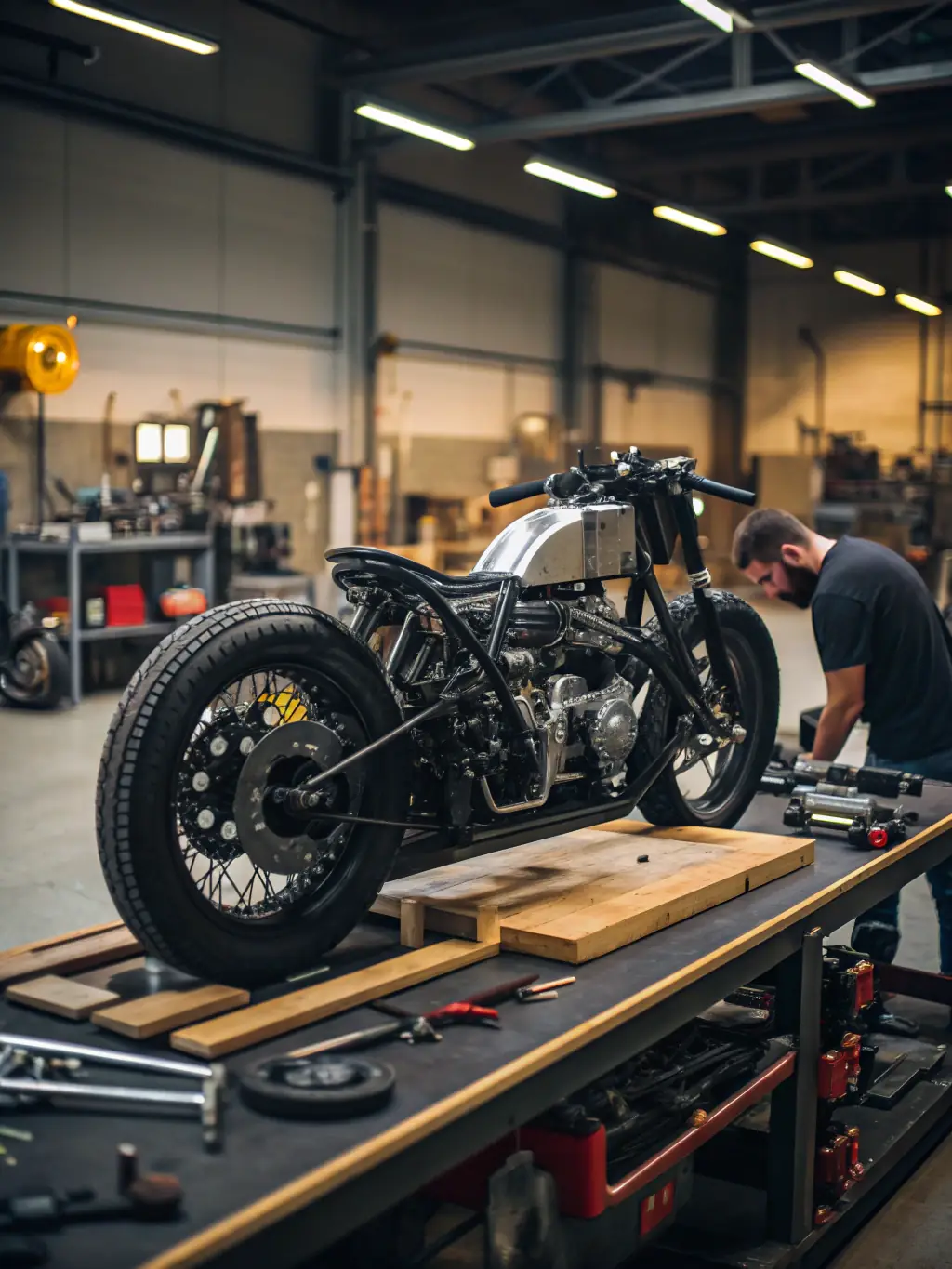 A mechanic at Stuart Cycles using diagnostic tools to troubleshoot an engine problem on a sportbike, highlighting the shop's expertise in motorcycle repairs.