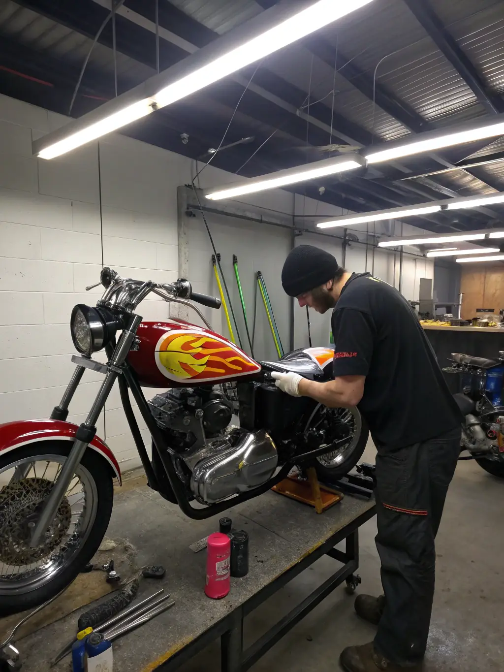 A custom motorcycle build in progress at Stuart Cycles, showcasing the fabrication and design work involved in creating a unique, high-performance machine.